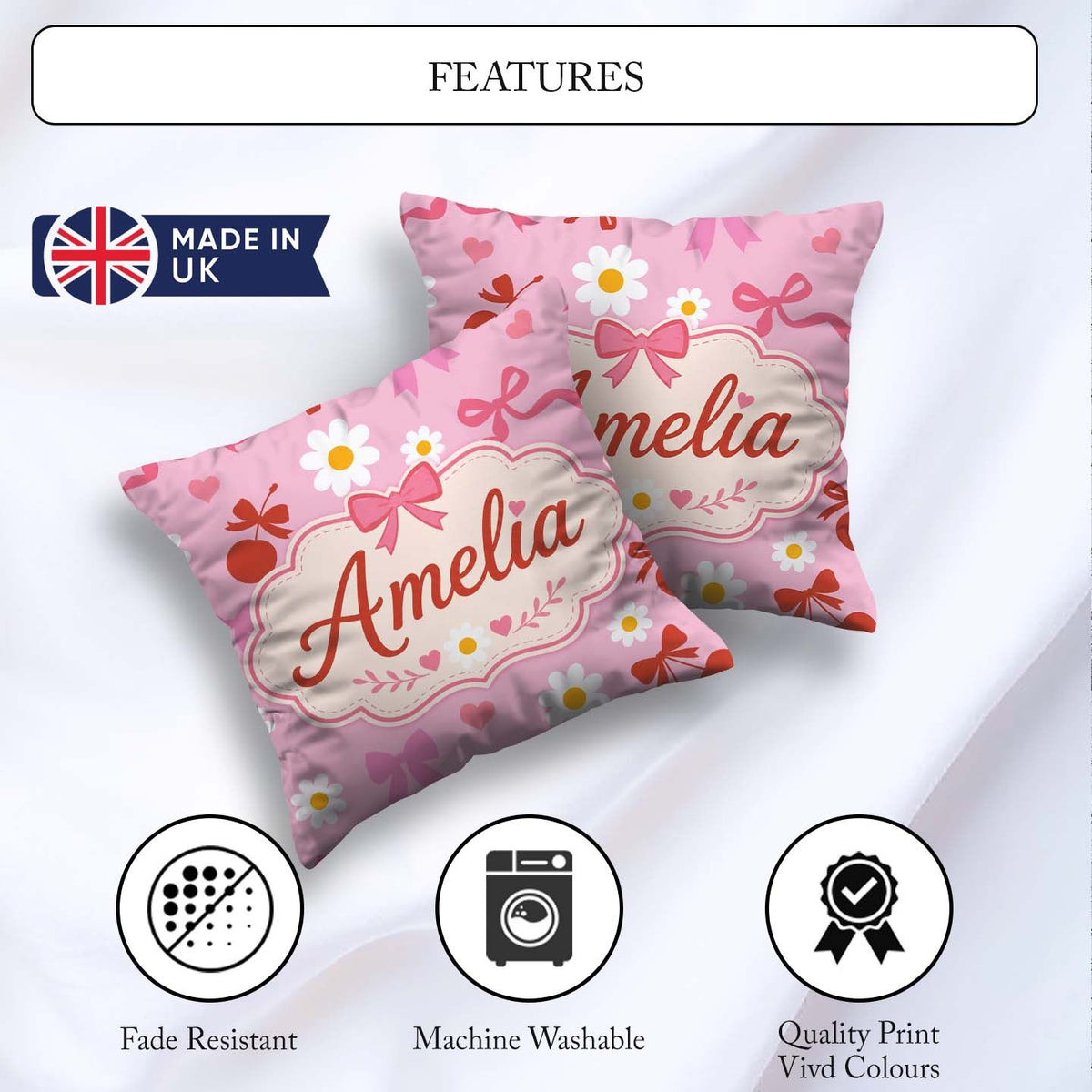 Custom Name Pink Cherry and Bow with Floral Elements Sweet Style Square Filled Cushion Throw Pillow Sofa Bed Home Decor Zip Washable UK Made