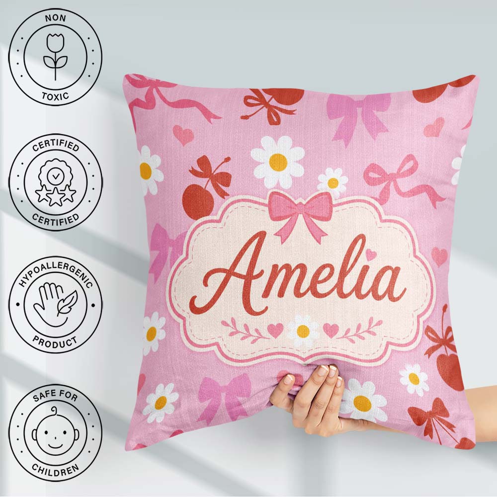 Custom Name Pink Cherry and Bow with Floral Elements Sweet Style Square Filled Cushion Throw Pillow Sofa Bed Home Decor Zip Washable UK Made