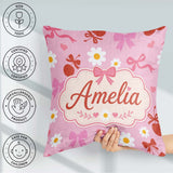 Custom Name Pink Cherry and Bow with Floral Elements Sweet Style Square Filled Cushion Throw Pillow Sofa Bed Home Decor Zip Washable UK Made