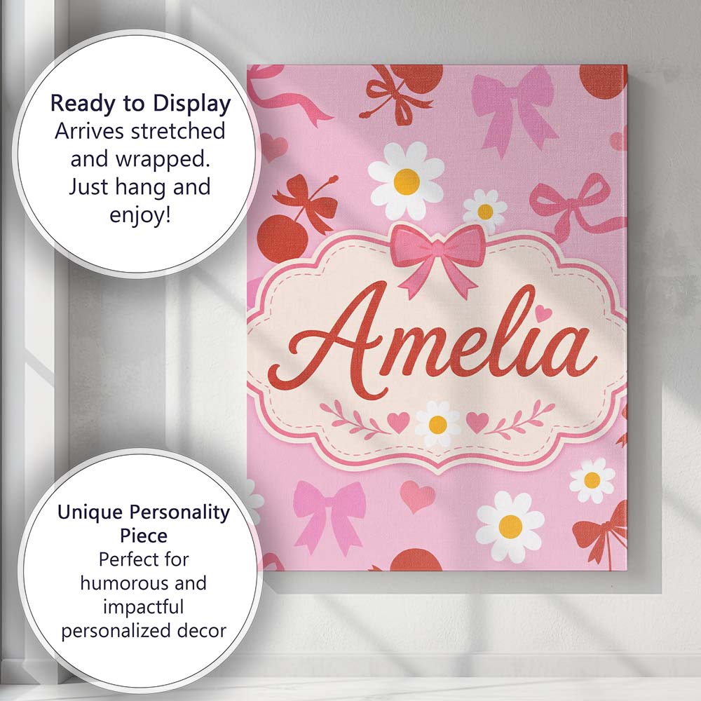 Personalised Name Pink Cherry and Bow Custom Modern Room Accent Creative Decorator Style Canvas Wall Art Print Decor Picture Ready to Hang