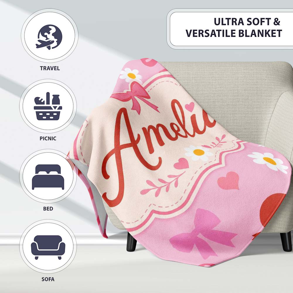 Pink Cherry and Bow Decorative with Floral Elements Sweet Style  Personalised Custom Name Super Soft Fleece Blanket Bed Sofa Throw