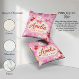 Custom Name Pink Cherry and Bow with Floral Elements Sweet Style Square Filled Cushion Throw Pillow Sofa Bed Home Decor Zip Washable UK Made