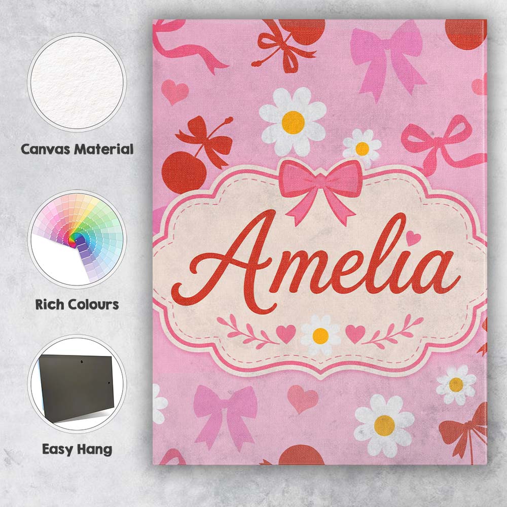 Personalised Name Pink Cherry and Bow Custom Modern Room Accent Creative Decorator Style Canvas Wall Art Print Decor Picture Ready to Hang