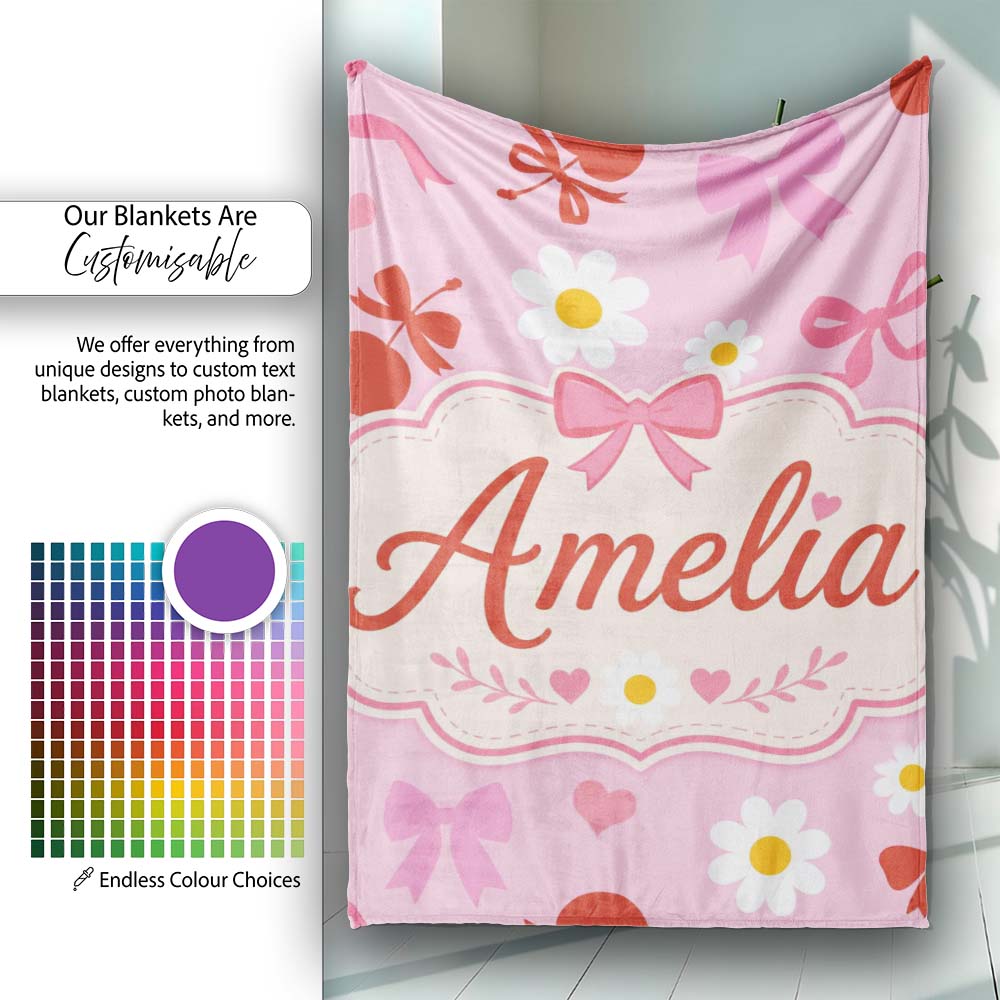 Pink Cherry and Bow Decorative with Floral Elements Sweet Style  Personalised Custom Name Super Soft Fleece Blanket Bed Sofa Throw