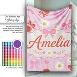 Pink Cherry and Bow Decorative with Floral Elements Sweet Style  Personalised Custom Name Super Soft Fleece Blanket Bed Sofa Throw