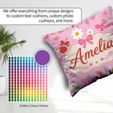 Custom Name Pink Cherry and Bow with Floral Elements Sweet Style Square Filled Cushion Throw Pillow Sofa Bed Home Decor Zip Washable UK Made