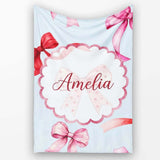 Watercolor Red and Pink Ribbon Bows Soft Blue Background Cute Girly  Personalised Custom Name Super Soft Fleece Blanket Bed Sofa Throw