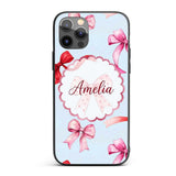 Watercolor Red and Pink Ribbon Bows Soft Blue Custom Name Protective Phone Case Mobile Cover Durable Everyday Smartphone Shock Resistant