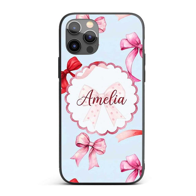 Watercolor Red and Pink Ribbon Bows Soft Blue Custom Name Protective Phone Case Mobile Cover Durable Everyday Smartphone Shock Resistant