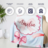 Watercolor Red and Pink Ribbon Bows Soft Blue Background Cute Girly  Personalised Custom Name Super Soft Fleece Blanket Bed Sofa Throw