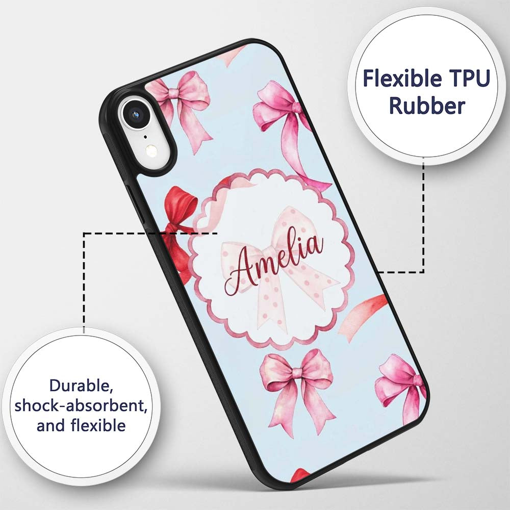 Watercolor Red and Pink Ribbon Bows Soft Blue Custom Name Protective Phone Case Mobile Cover Durable Everyday Smartphone Shock Resistant