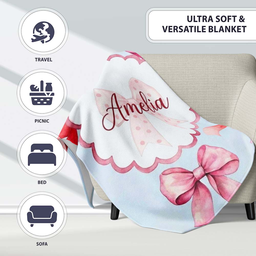 Watercolor Red and Pink Ribbon Bows Soft Blue Background Cute Girly  Personalised Custom Name Super Soft Fleece Blanket Bed Sofa Throw