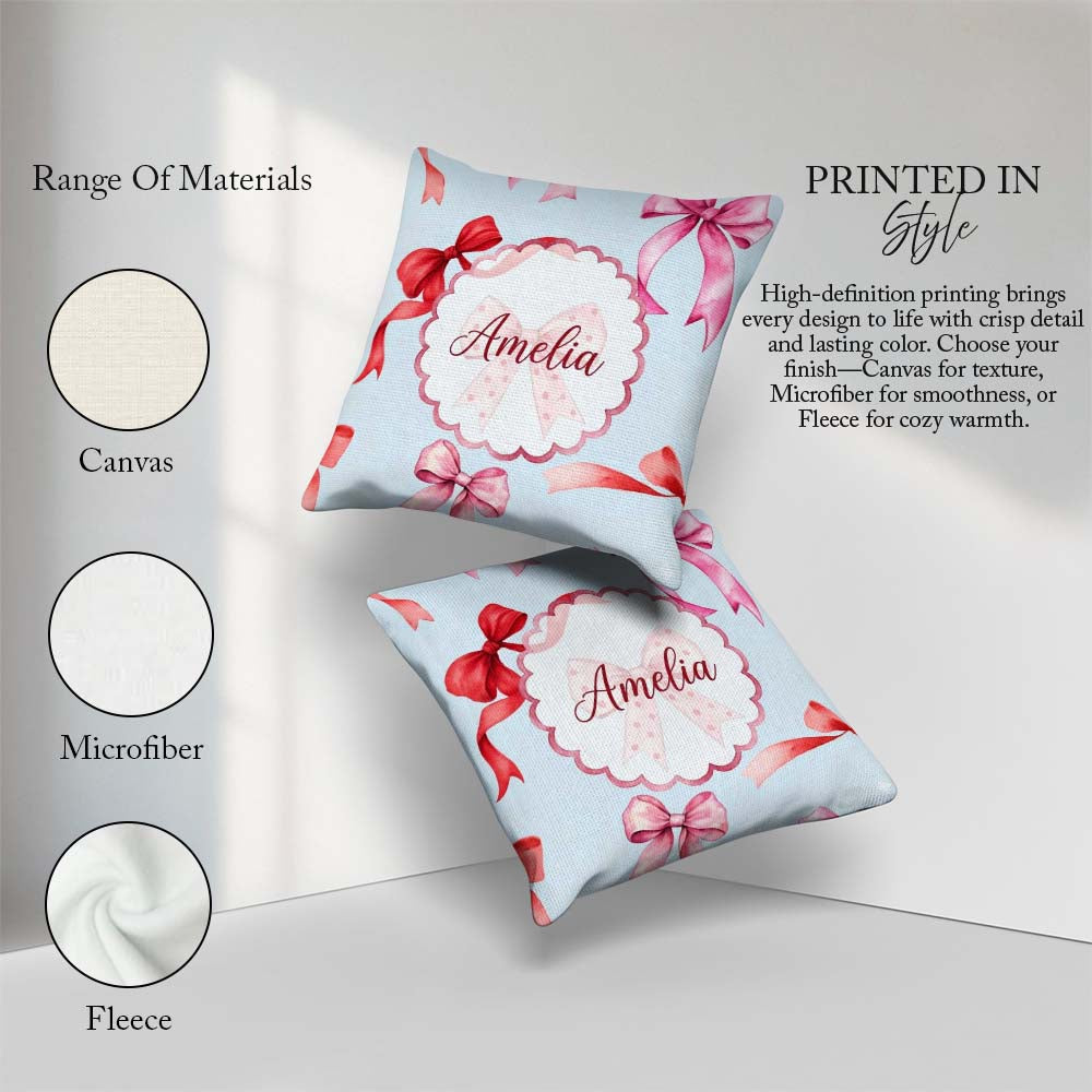 Custom Name Watercolor Red and Pink Ribbon Bows Soft Blue Girly Square Filled Cushion Throw Pillow Sofa Bed Home Decor Zip Washable UK Made