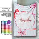Watercolor Red and Pink Ribbon Bows Soft Blue Background Cute Girly  Personalised Custom Name Super Soft Fleece Blanket Bed Sofa Throw