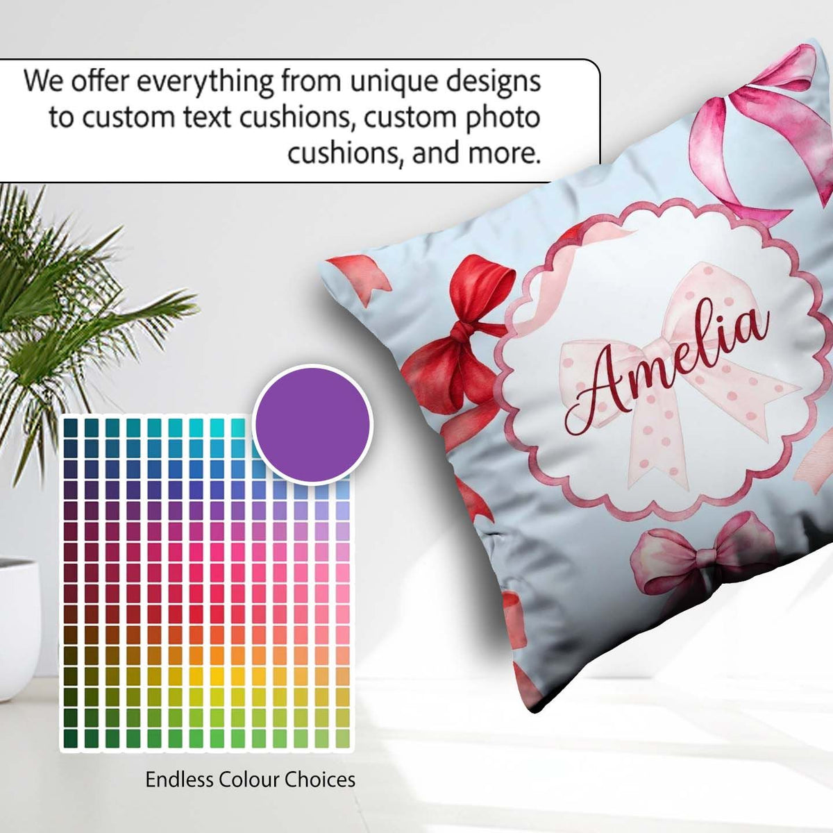 Custom Name Watercolor Red and Pink Ribbon Bows Soft Blue Girly Square Filled Cushion Throw Pillow Sofa Bed Home Decor Zip Washable UK Made
