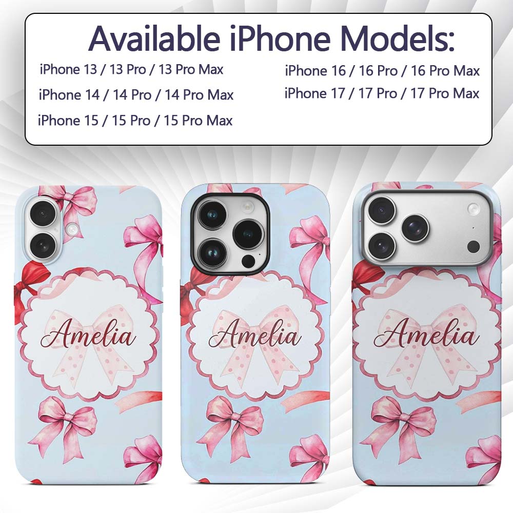 Watercolor Red and Pink Ribbon Bows Soft Blue Custom Name Protective Phone Case Mobile Cover Durable Everyday Smartphone Shock Resistant
