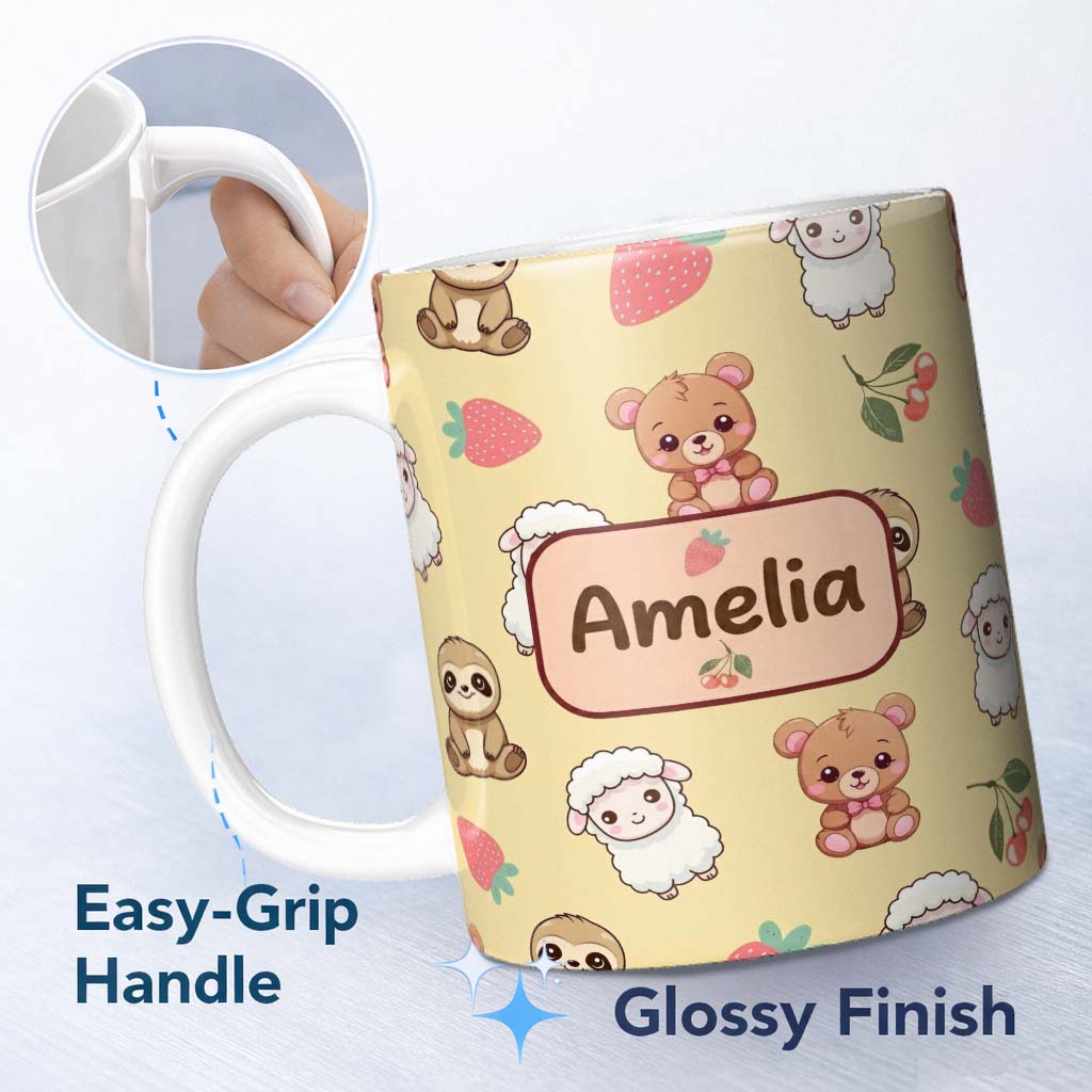 Personalized Custom Name Cute Cute Animals Bear Sloth Sheep Strawberry Pattern Warm Beige 11oz Ceramic Coffee Tea Mug White Large Handle
