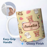 Personalized Custom Name Cute Cute Animals Bear Sloth Sheep Strawberry Pattern Warm Beige 11oz Ceramic Coffee Tea Mug White Large Handle