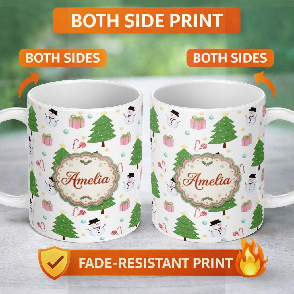 Personalized Custom Name Cute Snowman Christmas Tree Candy Cane Gifts Seamless Pattern Lovely 11oz Ceramic Coffee Tea Mug White Large Handle