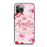 Watercolor Red and Pink Ribbon Bows Soft Beige Custom Name Protective Phone Case Mobile Cover Durable Everyday Smartphone Shock Resistant