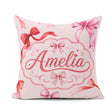 Custom Name Watercolor Red and Pink Ribbon Bows Soft Beige Girly Square Filled Cushion Throw Pillow Sofa Bed Home Decor Zip Washable UK Made