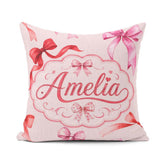 Custom Name Watercolor Red and Pink Ribbon Bows Soft Beige Girly Square Filled Cushion Throw Pillow Sofa Bed Home Decor Zip Washable UK Made