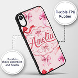Watercolor Red and Pink Ribbon Bows Soft Beige Custom Name Protective Phone Case Mobile Cover Durable Everyday Smartphone Shock Resistant