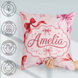 Custom Name Watercolor Red and Pink Ribbon Bows Soft Beige Girly Square Filled Cushion Throw Pillow Sofa Bed Home Decor Zip Washable UK Made