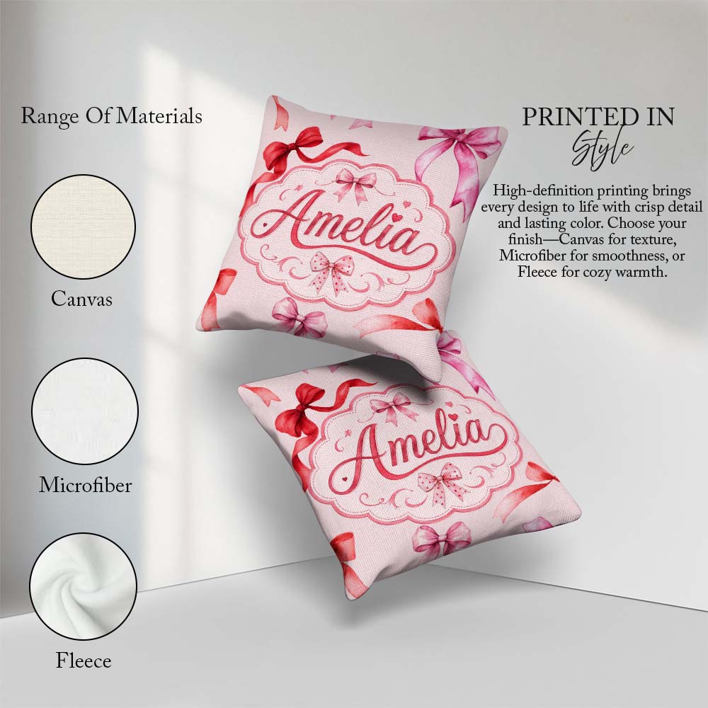 Custom Name Watercolor Red and Pink Ribbon Bows Soft Beige Girly Square Filled Cushion Throw Pillow Sofa Bed Home Decor Zip Washable UK Made