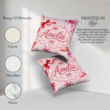 Custom Name Watercolor Red and Pink Ribbon Bows Soft Beige Girly Square Filled Cushion Throw Pillow Sofa Bed Home Decor Zip Washable UK Made