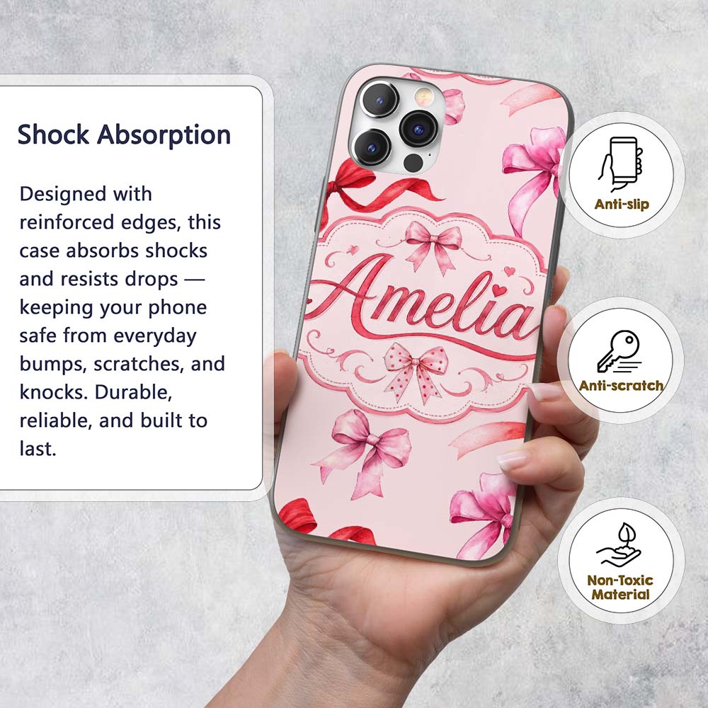 Watercolor Red and Pink Ribbon Bows Soft Beige Custom Name Protective Phone Case Mobile Cover Durable Everyday Smartphone Shock Resistant