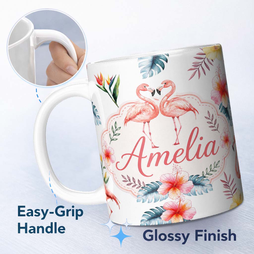 Personalized Custom Name Elegant Pink Flamingos Tropical Flowers on Light Grey Background 11oz Ceramic Coffee Tea Mug White Large Handle
