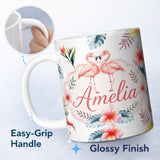 Personalized Custom Name Elegant Pink Flamingos Tropical Flowers on Light Grey Background 11oz Ceramic Coffee Tea Mug White Large Handle