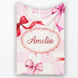 Watercolor Red and Pink Ribbon Bow Pink Gingham Check Background  Personalised Custom Name Super Soft Fleece Blanket Bed Sofa Throw