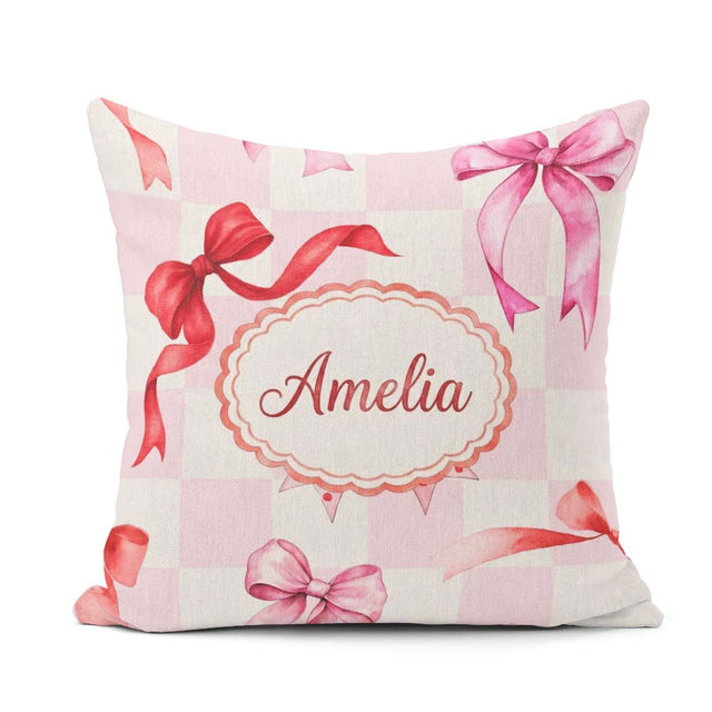 Custom Name Watercolor Red and Pink Ribbon Pink Check Background Square Filled Cushion Throw Pillow Sofa Bed Home Decor Zip Washable UK Made