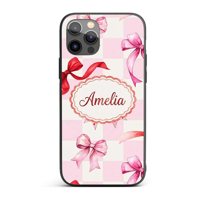 Watercolor Red and Pink Ribbon Bow Pink Gingham Custom Name Protective Phone Case Mobile Cover Durable Everyday Smartphone Shock Resistant