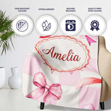 Watercolor Red and Pink Ribbon Bow Pink Gingham Check Background  Personalised Custom Name Super Soft Fleece Blanket Bed Sofa Throw