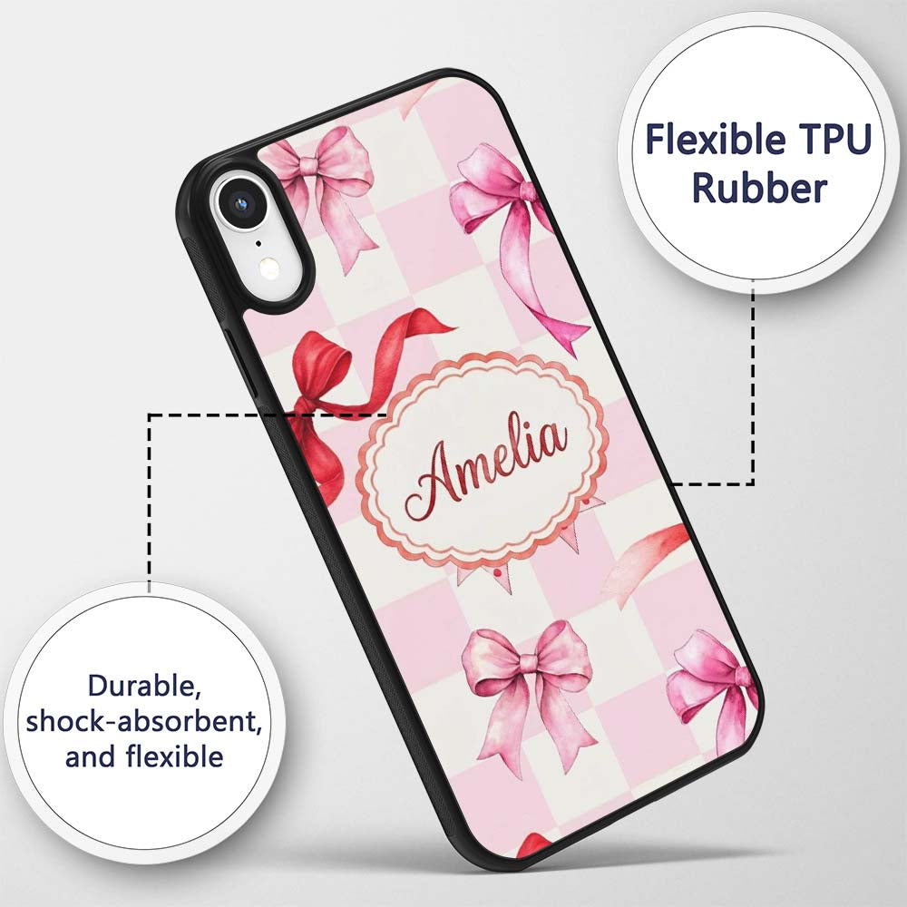 Watercolor Red and Pink Ribbon Bow Pink Gingham Custom Name Protective Phone Case Mobile Cover Durable Everyday Smartphone Shock Resistant