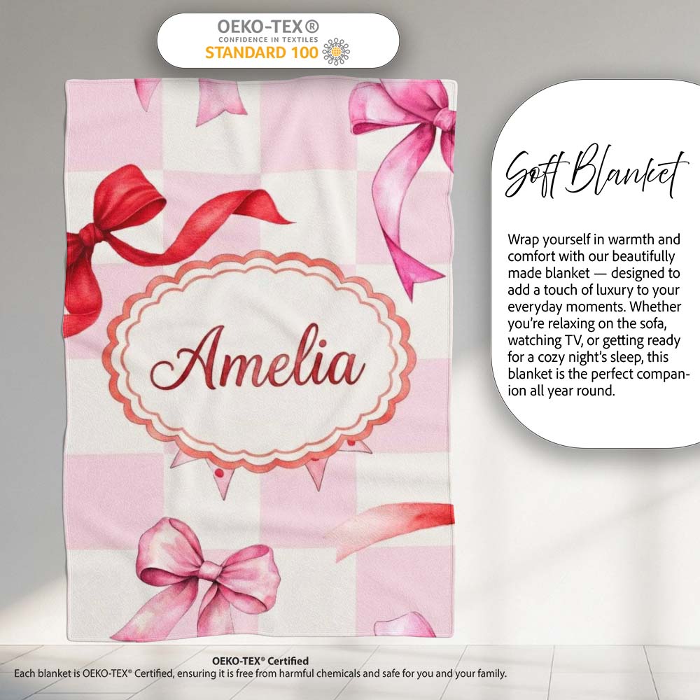 Watercolor Red and Pink Ribbon Bow Pink Gingham Check Background  Personalised Custom Name Super Soft Fleece Blanket Bed Sofa Throw