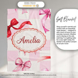 Watercolor Red and Pink Ribbon Bow Pink Gingham Check Background  Personalised Custom Name Super Soft Fleece Blanket Bed Sofa Throw
