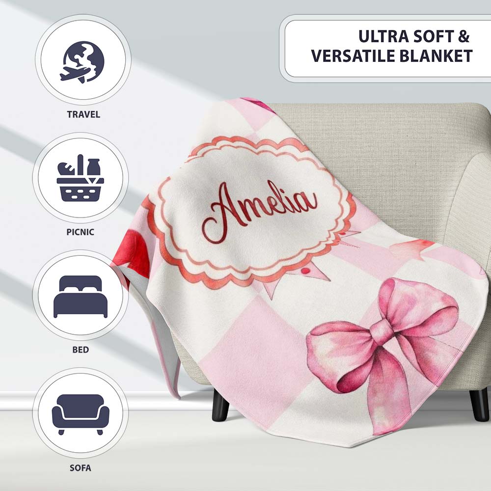 Watercolor Red and Pink Ribbon Bow Pink Gingham Check Background  Personalised Custom Name Super Soft Fleece Blanket Bed Sofa Throw