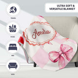 Watercolor Red and Pink Ribbon Bow Pink Gingham Check Background  Personalised Custom Name Super Soft Fleece Blanket Bed Sofa Throw