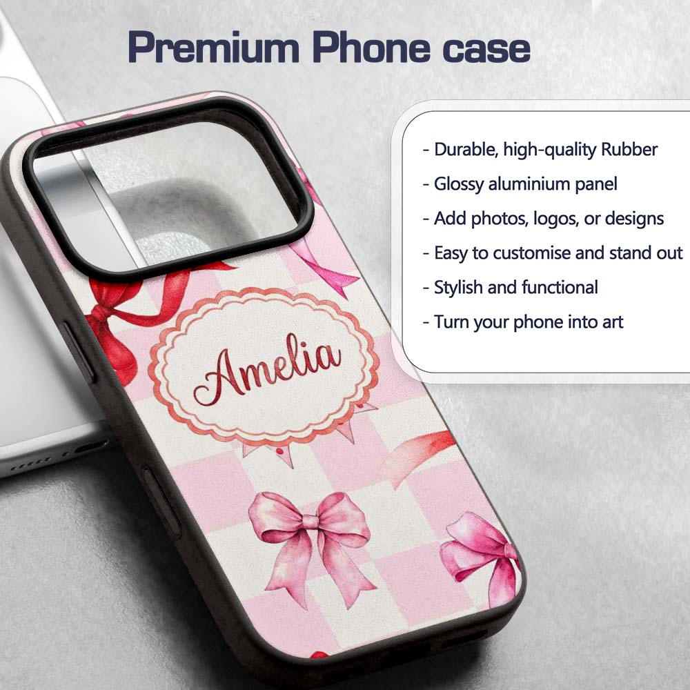 Watercolor Red and Pink Ribbon Bow Pink Gingham Custom Name Protective Phone Case Mobile Cover Durable Everyday Smartphone Shock Resistant