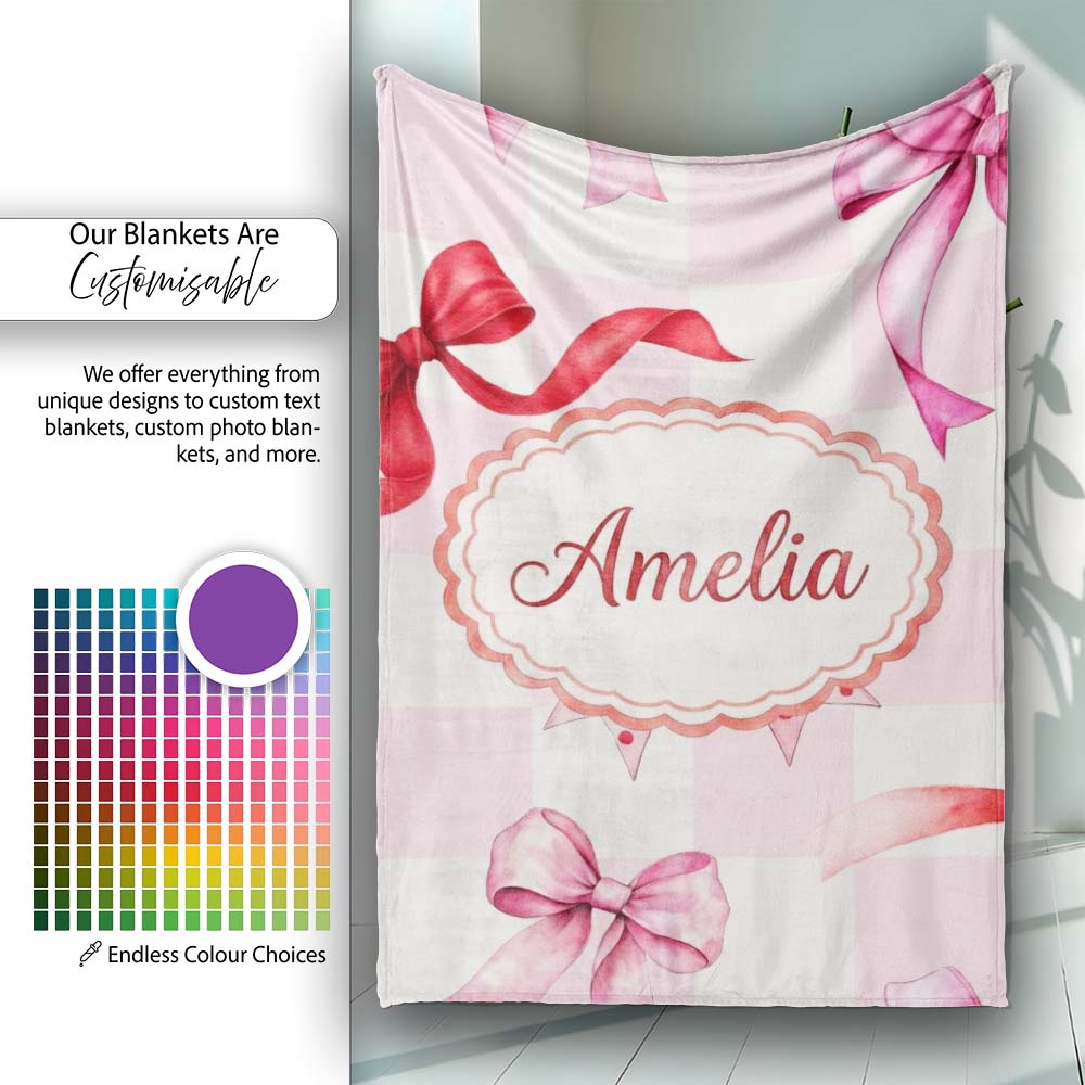 Watercolor Red and Pink Ribbon Bow Pink Gingham Check Background  Personalised Custom Name Super Soft Fleece Blanket Bed Sofa Throw