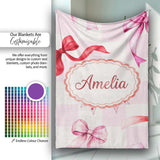 Watercolor Red and Pink Ribbon Bow Pink Gingham Check Background  Personalised Custom Name Super Soft Fleece Blanket Bed Sofa Throw