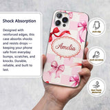 Watercolor Red and Pink Ribbon Bow Pink Gingham Custom Name Protective Phone Case Mobile Cover Durable Everyday Smartphone Shock Resistant