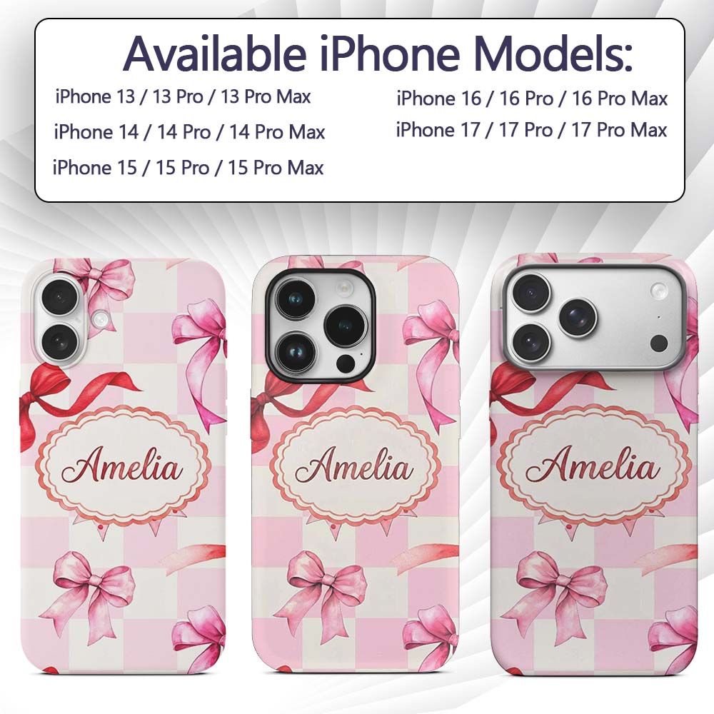 Watercolor Red and Pink Ribbon Bow Pink Gingham Custom Name Protective Phone Case Mobile Cover Durable Everyday Smartphone Shock Resistant