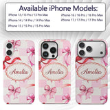 Watercolor Red and Pink Ribbon Bow Pink Gingham Custom Name Protective Phone Case Mobile Cover Durable Everyday Smartphone Shock Resistant