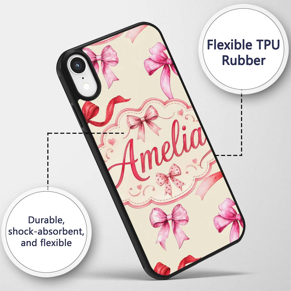 Watercolor Red and Pink Ribbon Bows Light Olive Custom Name Protective Phone Case Mobile Cover Durable Everyday Smartphone Shock Resistant
