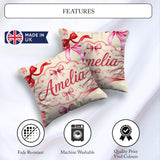 Custom Name Watercolor Red and Pink Ribbon Bows Light Olive Cute Square Filled Cushion Throw Pillow Sofa Bed Home Decor Zip Washable UK Made